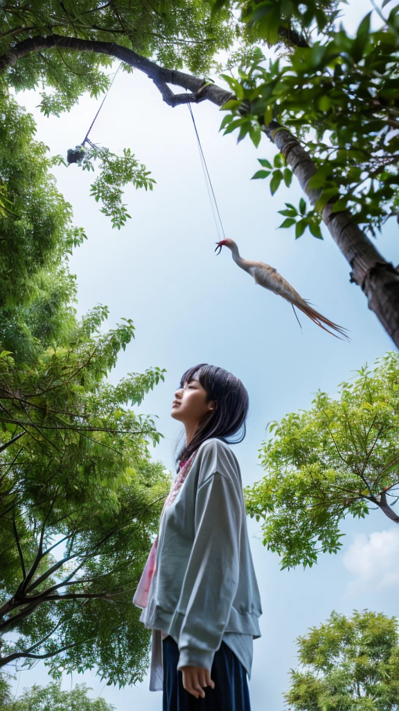 ((crane))、bird、after the rain、1girl,from below