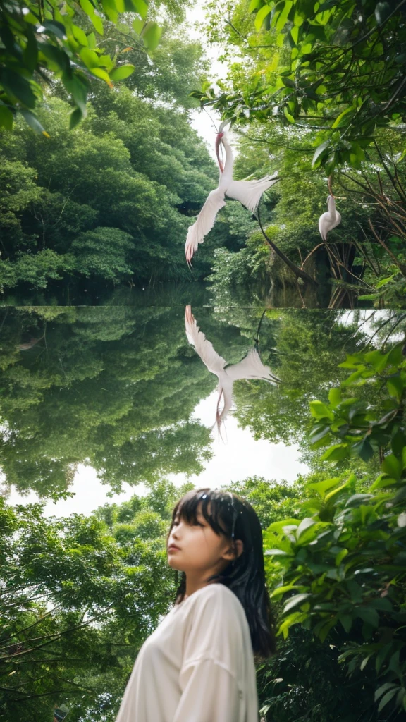 ((crane))、bird、after the rain、1girl,from below