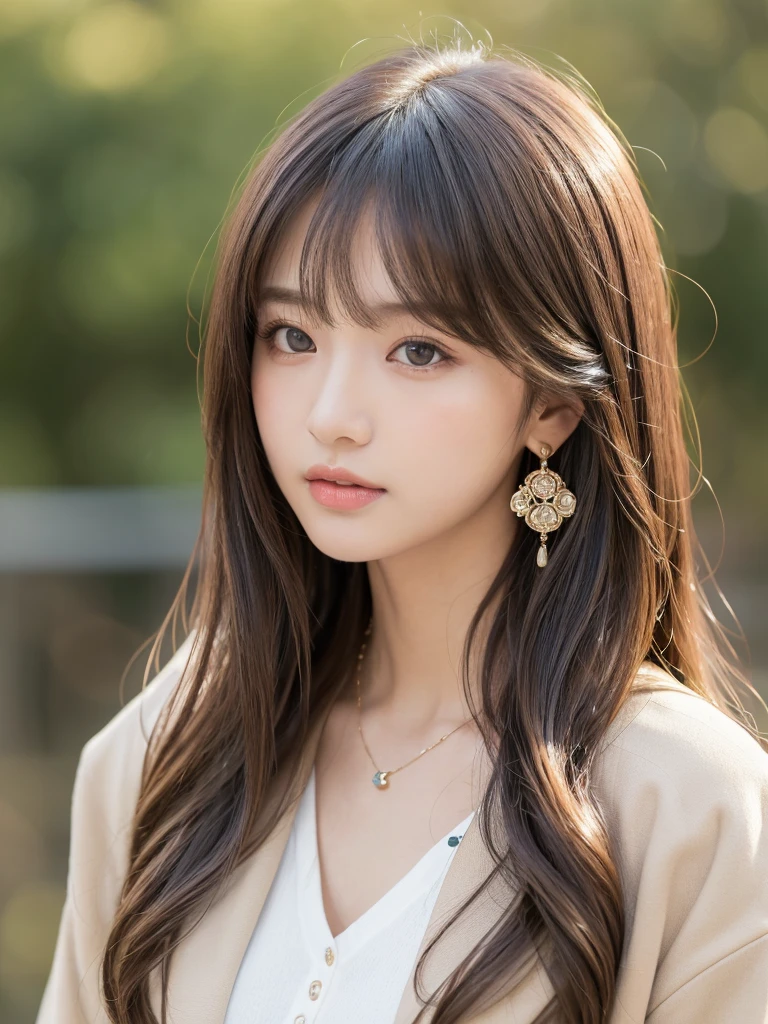 ((Highest quality, 8K, masterpiece:1.3)), concentrate: 1.2, Perfect body beauty: 1.4, Hips: 1.2, ((Long Hair, chest: 1.2)), (Dry clothes: 1.1) , (clear, Simple Background:1.3), Simple clothes: 1.1, Highly detailed face and skin texture,Delicate eyes, double eyelid, Whitened skin, Rough skin、Long Hair、Earrings with bangs、necklace、 solo、Beige coat、White shirt, (((Beautiful girl with cute Japan)))、 ((Beautiful Japanese girl 20 years old))、 ((Baby Face))、 (((Slender body)))、 Upper Body,Face focus、necklace,Simple Background,From above, Realistic Hair、 A photograph was taken:Canon EOS R6、135mm、1/1250 seconds、f2.8、ISO400、(Detailed explanation of the hand)、(Masseter muscle area)、(Exquisite CG)、Long Hair, loose and curly hair、Korean Hair、Long Hair明るいベージュ色、グラデーションハイライトグレージュのゆるふわLong Hairスタイル、