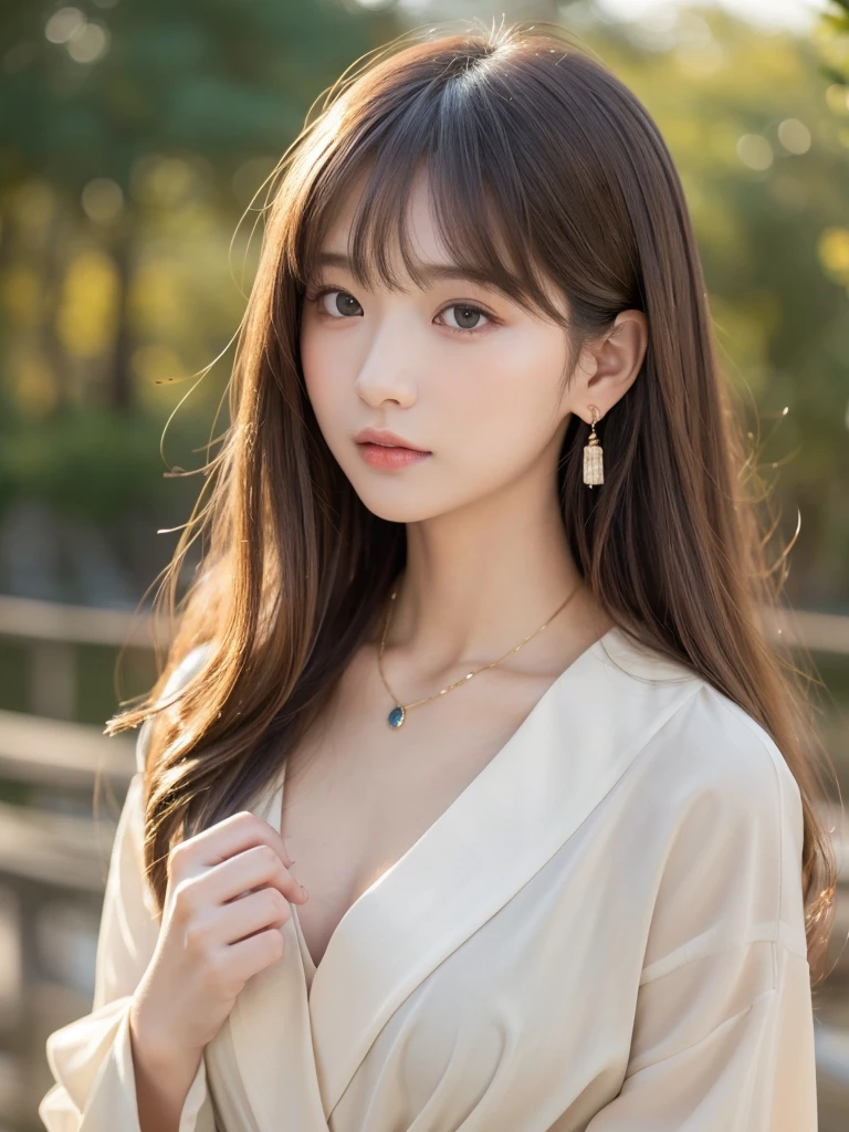 ((Highest quality, 8K, masterpiece:1.3)), concentrate: 1.2, Perfect body beauty: 1.4, Hips: 1.2, ((Long Hair, chest: 1.2)), (Dry clothes: 1.1) , (clear, Simple Background:1.3), Simple clothes: 1.1, Highly detailed face and skin texture,Delicate eyes, double eyelid, Whitened skin, Rough skin、Long Hair、Earrings with bangs、necklace、 solo、Beige coat、White shirt, (((Beautiful girl with cute Japan)))、 ((Beautiful Japanese girl 20 years old))、 ((Baby Face))、 (((Slender body)))、 Upper Body,Face focus、necklace,Simple Background,From above, Realistic Hair、 A photograph was taken:Canon EOS R6、135mm、1/1250 seconds、f2.8、ISO400、(Detailed explanation of the hand)、(Masseter muscle area)、(Exquisite CG)、Long Hair, loose and curly hair、Korean Hair、Long Hair明るいベージュ色、グラデーションハイライトグレージュのゆるふわLong Hairスタイル、