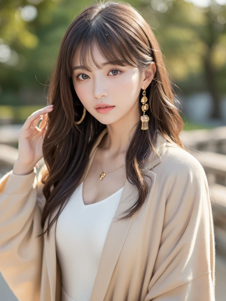 ((Highest quality, 8K, masterpiece:1.3)), concentrate: 1.2, Perfect body beauty: 1.4, Hips: 1.2, ((Long Hair, chest: 1.2)), (Dry clothes: 1.1) , (clear, Simple Background:1.3), Simple clothes: 1.1, Highly detailed face and skin texture,Delicate eyes, double eyelid, Whitened skin, Rough skin、Long Hair、Earrings with bangs、necklace、 solo、Beige coat、White shirt, (((Beautiful girl with cute Japan)))、 ((Beautiful Japanese girl 20 years old))、 (())、 (((Slender body)))、 Upper Body,Face focus、necklace,Simple Background,From above, Realistic Hair、 A photograph was taken:Canon EOS R6、135mm、1/1250 seconds、f2.8、ISO400、(Detailed explanation of the hand)、(Masseter muscle area)、(Exquisite CG)、Long Hair, loose and curly hair、Korean Hair、Long Hair明るいベージュ色、グラデーションハイライトグレージュのゆるふわLong Hairスタイル、