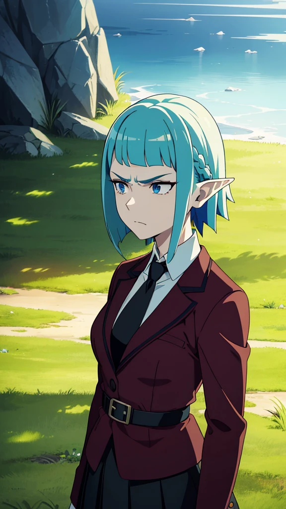 1girl ,solo,20s,mature female,angry face,red hair,short hair,elf ears,(grass),shirt,black standard tie,blue blazer,long sleeves, black pleated skirt,(upper body),frosty white Skin , Icy white hair ,Glacial blue eyes,(((spyke hair)))