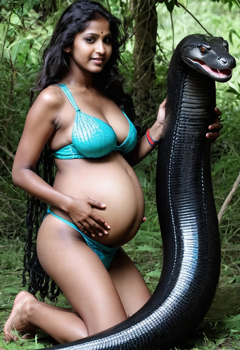 Pregnant Bikini Happy Horny, aroused 1girl), beautiful kneeling Indian   girl with  giant colossal black titanboa squeezing her hard, wrapped in thick spiraling coils, constricted, struggle, gasping for air, snake attack, snake peril, moonless night, dim light