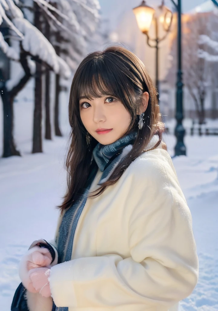Blue Eyes、Holding a kitten、Photo from the waist up、Night city illumination shot、Cowgirl Shot、Fur coat、豪華なグレーのミンクのFur coat、Wear fine leather boots、Luxury Bags、Inner turtleneck、Silver necklace and small silver earrings Millionaire style:1.4））、Full body photo、smile、 Caustics、Highly detailed photos、Very beautiful woman 、Ample breasts、No makeup、(8K、RAW Photos、Highest quality、masterpiece:1.2)、(Realistic、Realistic)、1 Girl、((Medium Short Hair、Midwinter、Cold region Snow falling、The wind is blowing、Fluttering Hair、Blur the background、Colorful illuminations、Looking into the camera:1.4))、
