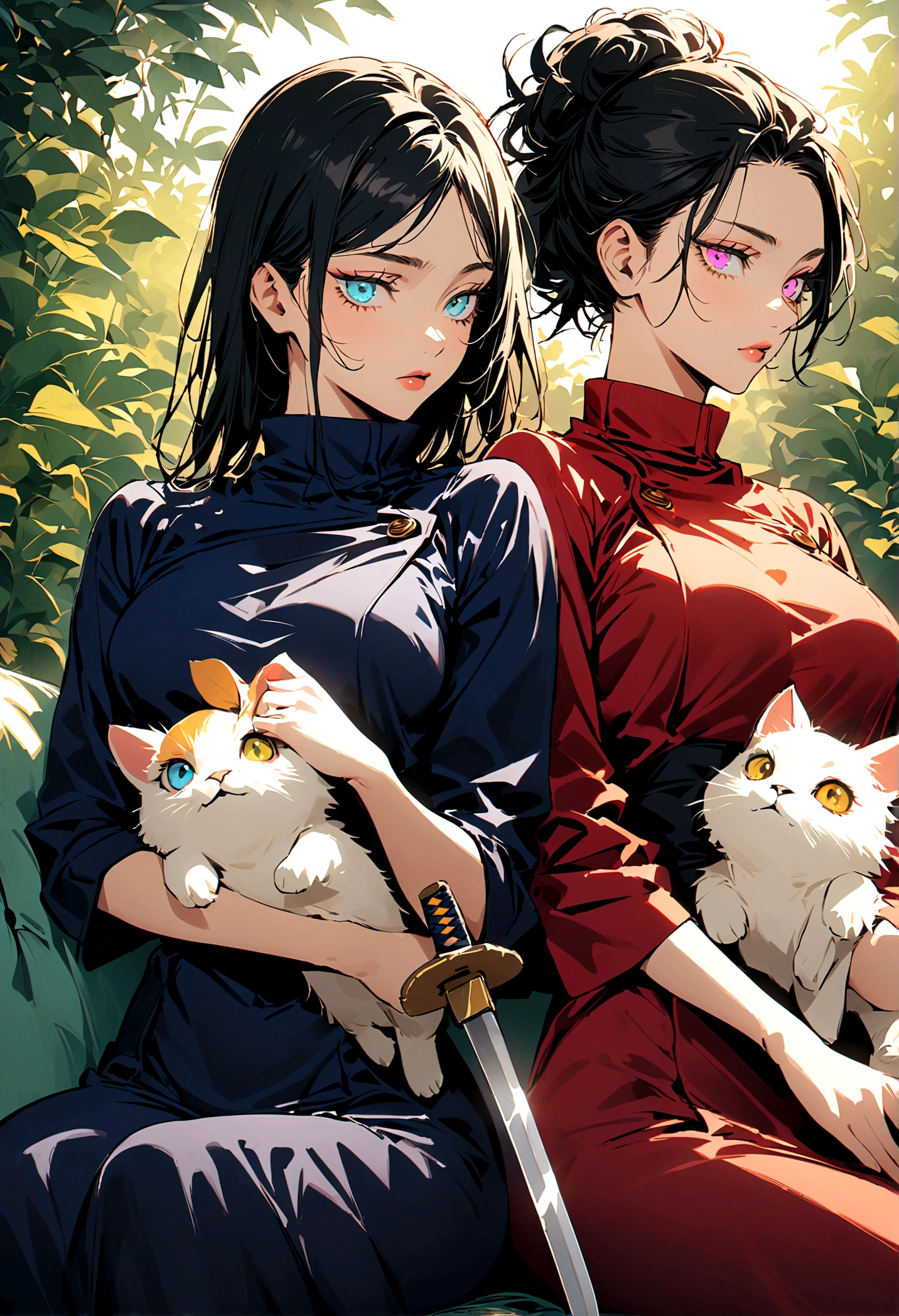 (2 young girls,jujutsu kaisen),twins, sitting on a couch holding a stuff animal, standing and holding a sword, two different set of colored eyes, different hair styles, same height, matching dresses, artwork