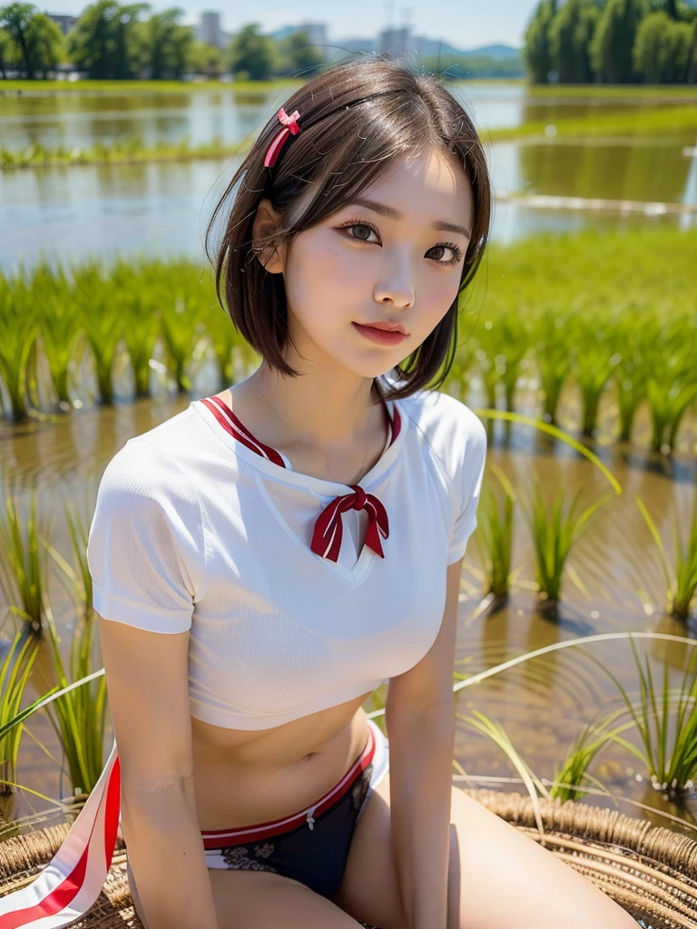 ((Best of the highest quality, 8k, Masterpiece, raw photo: 1.2)), (Sharp focus: 1.2), (1 AESPA, slim body type female, 21 y/o: 1.1), (solo: 1.28), (realistic, photo-realistic:1.37), face focus, cute face, finely eyes, (droopy eyes: 1.32), (Emphasize prominent aegyo-sal with bright: 1.2), shimmering eyeshadow applied under the lower lash line, paired with thick, (small breasts, flat chest, Thigh: 1.3), (short bob hair: 1.28), (sports wear, ribbon, panties: 1.32), sitting river, (rice field, paddy field: 1.1), flower, (from below: 1.16)