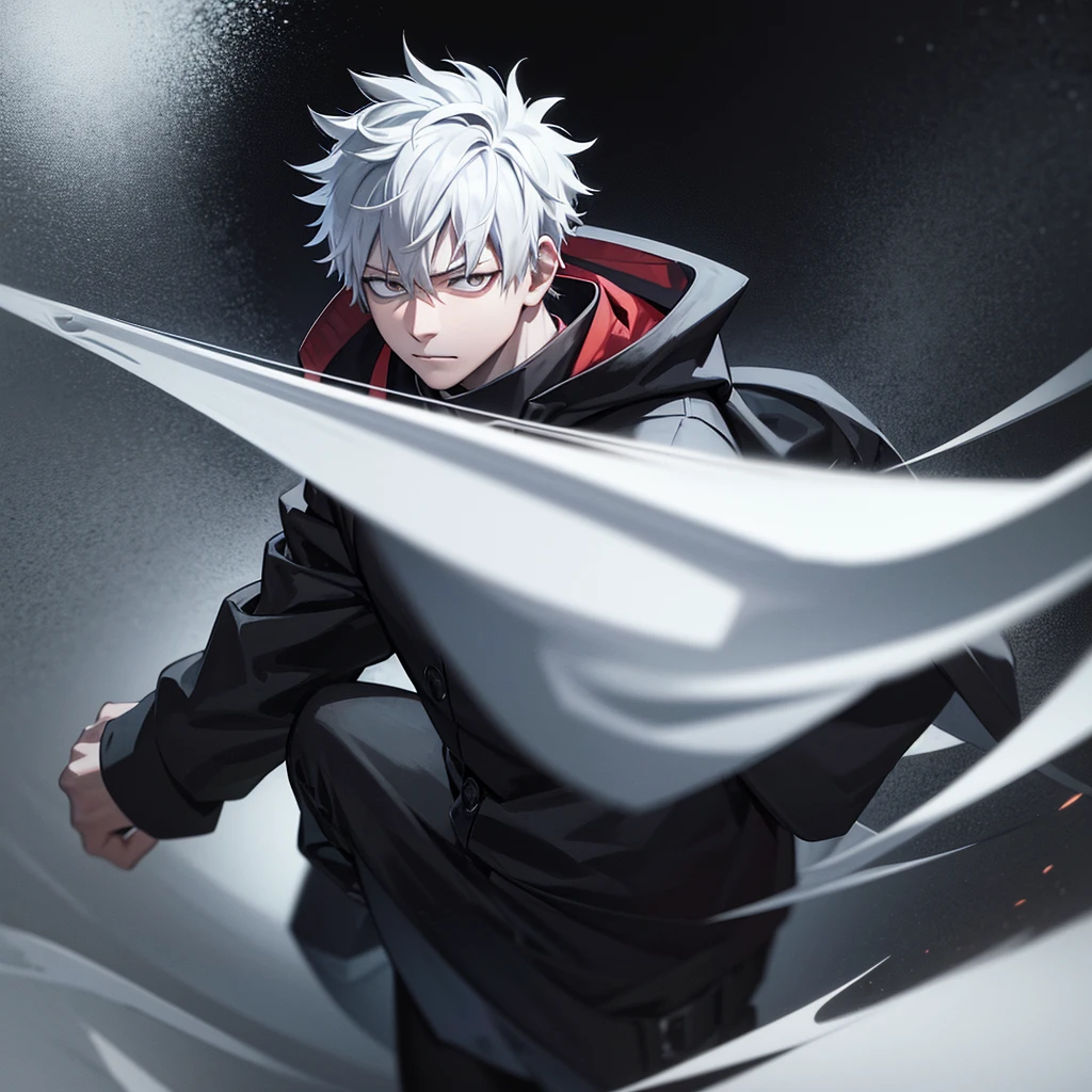 one japanese guy, white hair, high res, ultrasharp, jujutsu kaisen style, jujutsu kaisen background, masterpiece, grey eyes