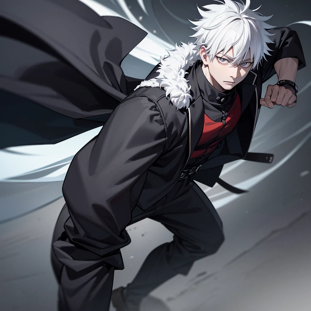 one japanese guy, white hair, high res, ultrasharp, jujutsu kaisen style, jujutsu kaisen background, masterpiece, grey eyes