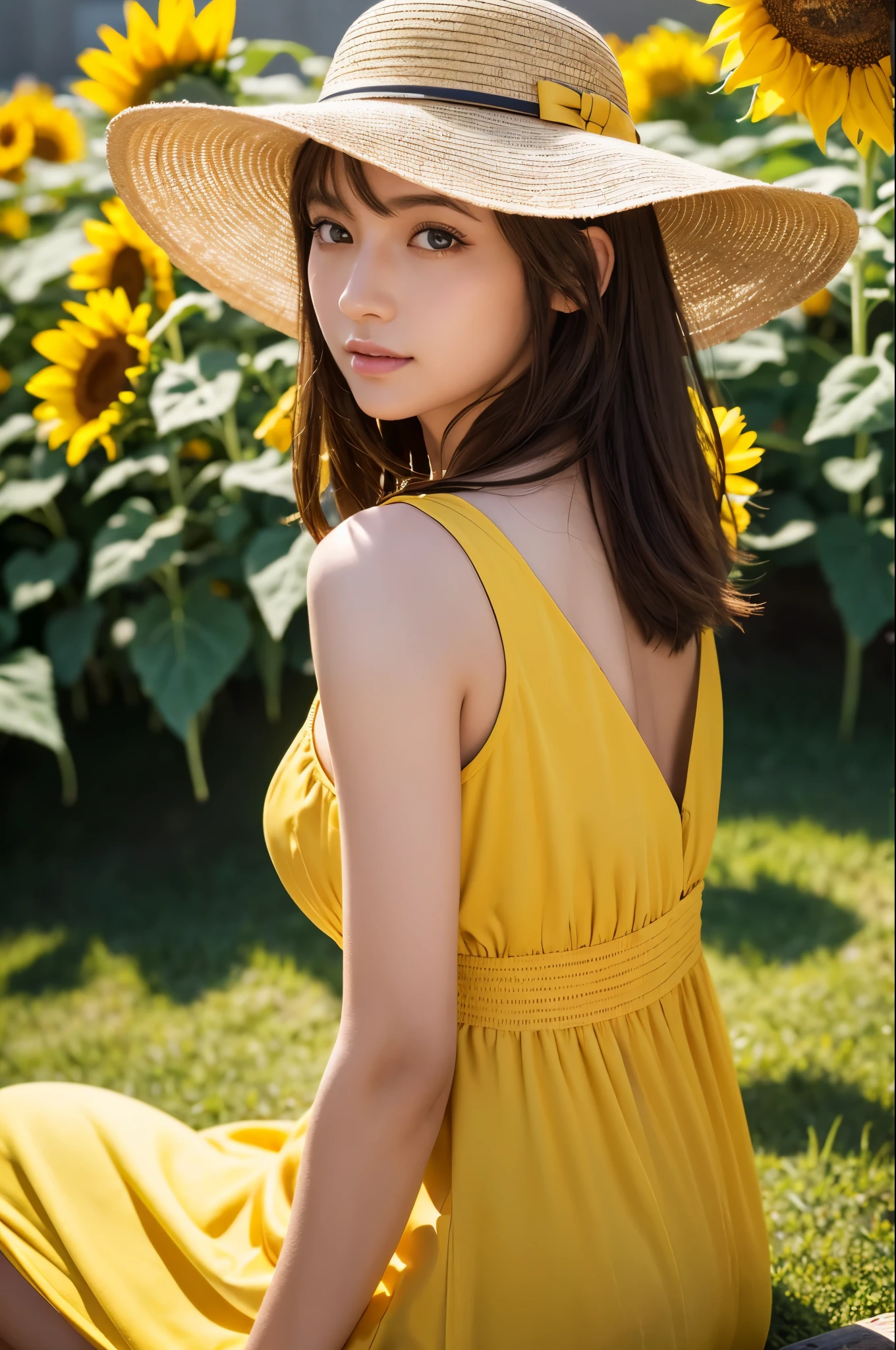 {{{{{{{(masterpiece, .CGI:1.4),(8K raw photo, best quality, masterpiece:1.2) super detailed official art,photorealistic:1.37, (outstanding, professional),masterpiece,best quality,ultra detailed,highres,high-resolution,4K,4Kportrait,8K,8Kportrait,unity8Kwallpaper,extremely detailed CG,realistic,RAW photo,real person,portrait photography,photorealistic,shiny skin,detailed skin,(((dynamic angle full body and dynamic angle wide shot and dynamic angle close-up and dynamic angle upper body and dynamic angle from above and dynamic angle from behind and dynamic angle from below ))),{{{{supermodel }}}},{{{{Photorealistic:1.4}}}}, beautiful detailed, highly detailed eyes and face, beautiful detailed eyes, ridiculous, incredibly ridiculous, super detailed, high resolution, highly detailed, top quality, masterpiece, illustration, highly detailed, CG, unified, 8K wallpaper, amazing, fine detail, masterpiece, top quality, highly detailed CG unified 8K wallpaper, face light, movie lighting,surrealistic female portrait, magic lights, 32K resolution, action poses, realistic photography, dynamic lighting, art station, volume lighting, highly detailed face, awarded, shadows}}}}}}},Arabian woman wearing a yellow dress and hat sitting on the ground, Wearing a straw hat, Bright and sunny, Background sunflowers, Hinata, Sundressを着て, Sitting in a flower field, Sundress, 2 4-year-old female model, Profile photo, wearing Sundress, Cowgirl, With hat, On a sunny day, Sitting with flowers