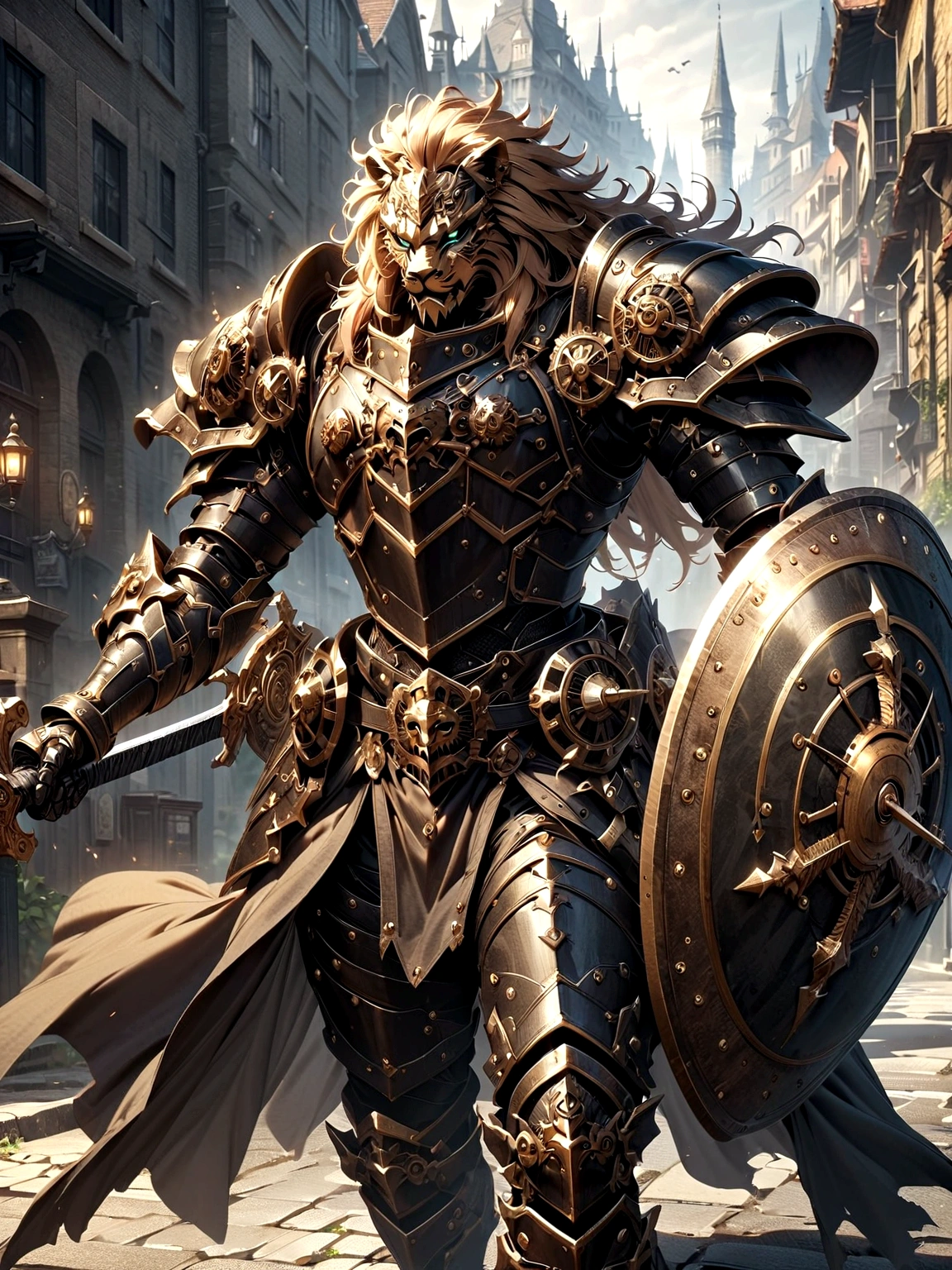 Lion Knight wearing combat uniform, on the street, black armor, Clock designs, Black Lion Man, Black Color armor, Sword and Shield