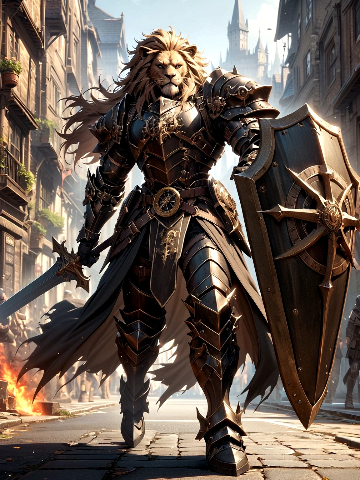 Lion Knight wearing combat uniform, on the street, black armor, Clock designs, Black Lion Man, Black Color armor, Sword and Shield