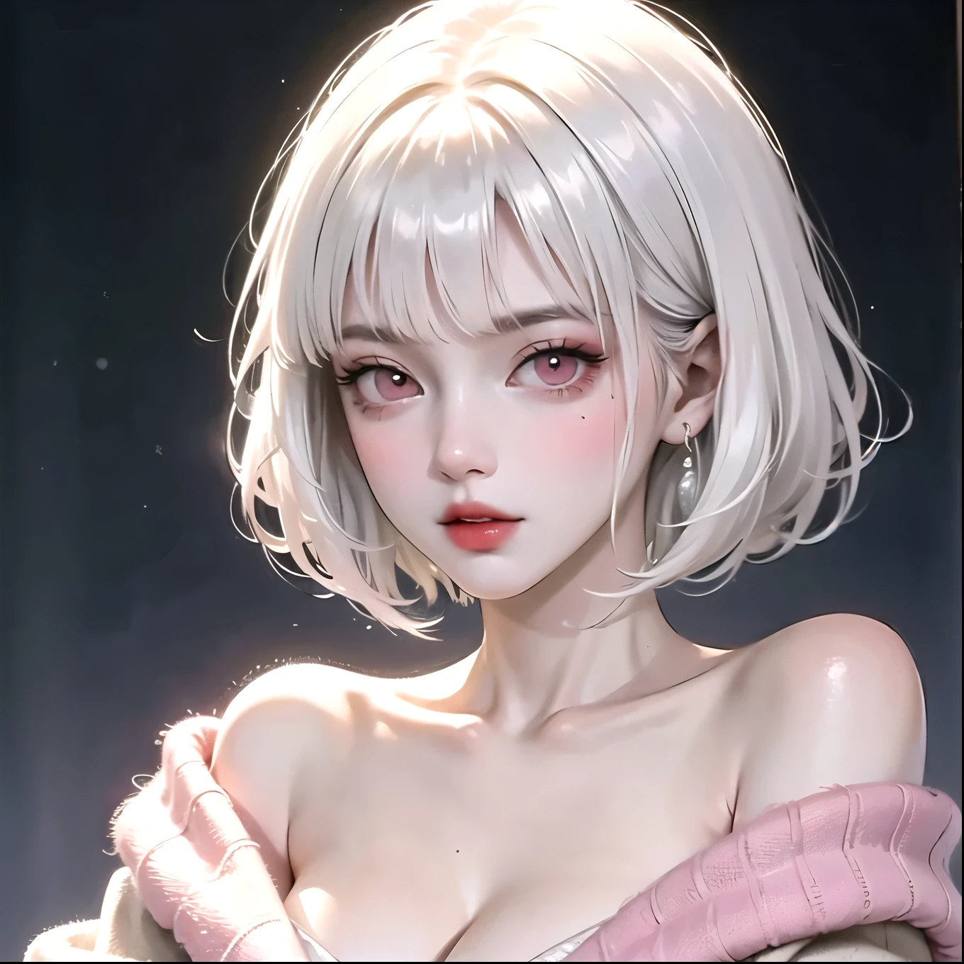 ((best quality)), ((masterpiece)), (detailed), 1girl, white hair. Short hair. Pink eyes. Cleavage. Off shoulder sweater.