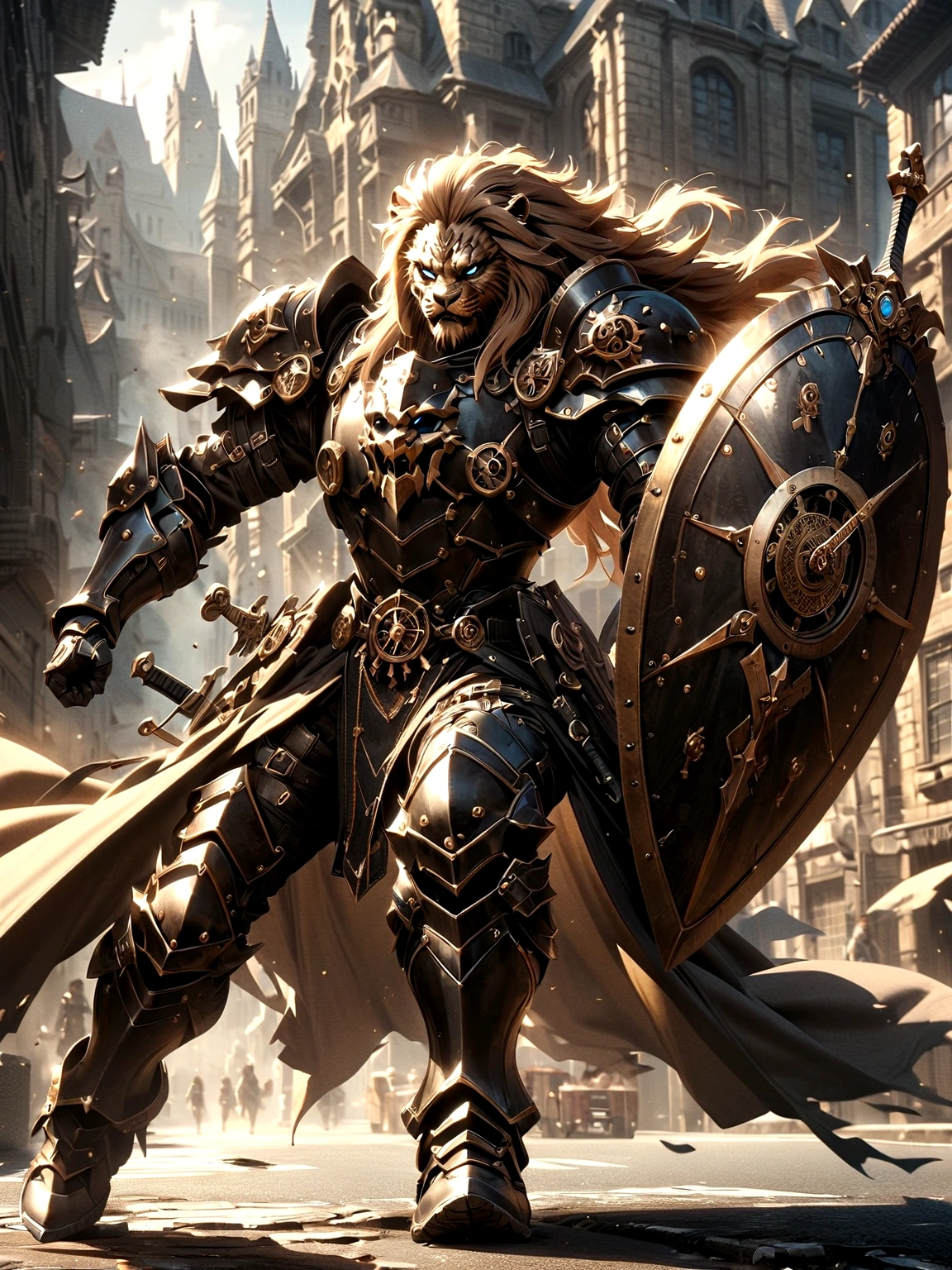 Lion Knight wearing combat uniform, on the street, black armor, Clock designs, Black Lion Man, Black Color armor, Sword and Shield