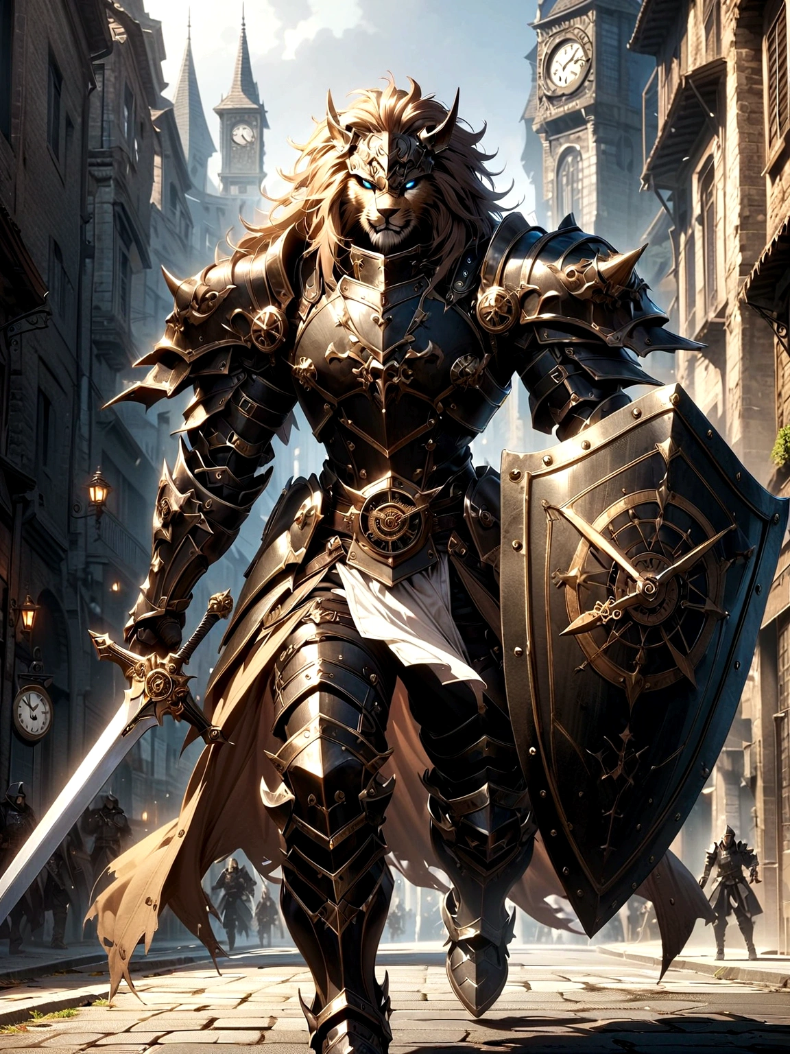 Lion Knight wearing combat uniform, on the street, black armor, Clock designs, Black Lion Man, Black Color armor, Sword and Shield