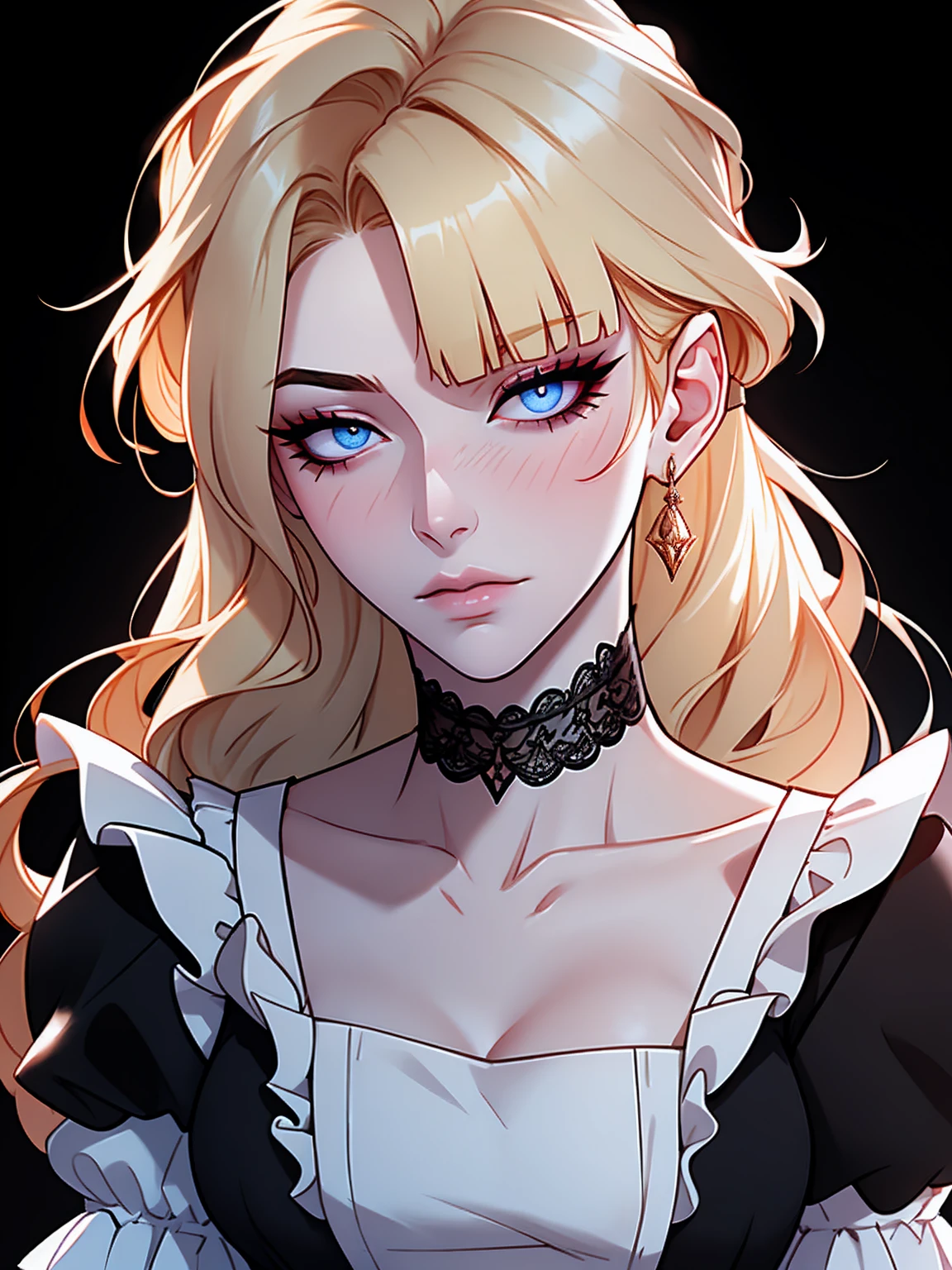Shoujo style, Aesthetic background, Romance Manhwa, 1girl, blonde woman, hairlong, ((bangs cover one eye)), choleric, eyes with blue color, irritable, grimalkin, bags under eyes, Russian, grimalkin, housemaid, Black dress with white trim, with a full skirt knee-length or higher, White half apron, usually with ruffles or lace, head slightly turned to the side, inform, mascara, makeup, Dark background, clavicle, puffy sleeves, portraite of a, upper-body, frills, closed mouth, Detailed eyes, (close up), (((Image Macro Details))), pale skin