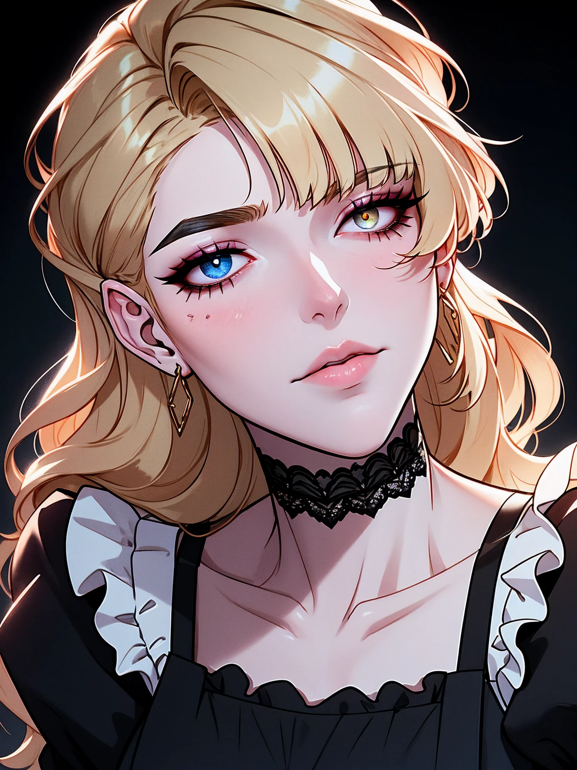 Shoujo style, Aesthetic background, Romance Manhwa, 1girl, blonde woman, hairlong, ((bangs cover one eye)), choleric, eyes with blue color, irritable, grimalkin, bags under eyes, Russian, grimalkin, housemaid, Black dress with white trim, with a full skirt knee-length or higher, White half apron, usually with ruffles or lace, head slightly turned to the side, inform, mascara, makeup, Dark background, clavicle, puffy sleeves, portraite of a, upper-body, frills, closed mouth, Detailed eyes, (close up), (((Image Macro Details))), pale skin