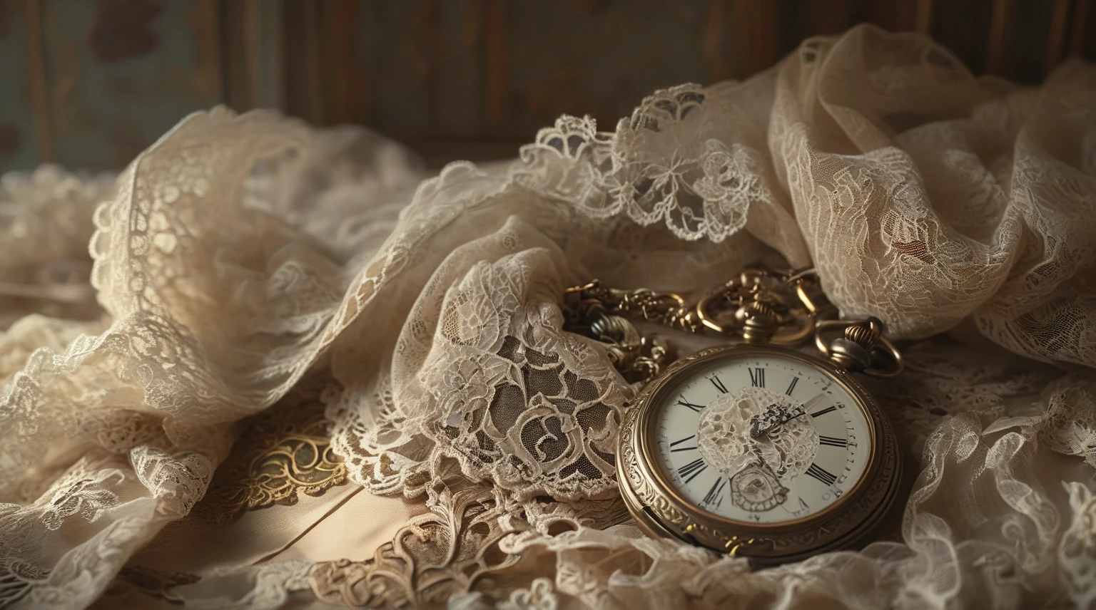 there is a pocket watch on a laced panties, steampunk aesthetic, pocketwatch, time does not exist anymore, pocket watch, memory trapped in eternal time, victorian setting, victorian lace, victorian style, the passage of time, art nouveau octane render, dreamy and detailed, atmospheric beautiful details, time is running out, detailed cinematic render, intricate and ornate