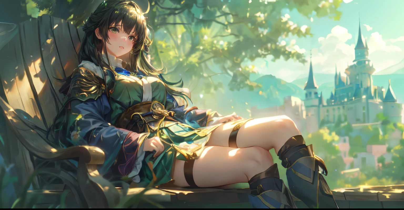 anime girl sitting on a bench in a forest with a castle in the background, Guweiz, artwork in the style of guweiz, guweiz on pixiv artstation, Guweiz on ArtStation Pixiv, relaxing concept art, trends on artstation pixiv, guweiz masterpiece, anime cute peace dinner, cute anime dinner