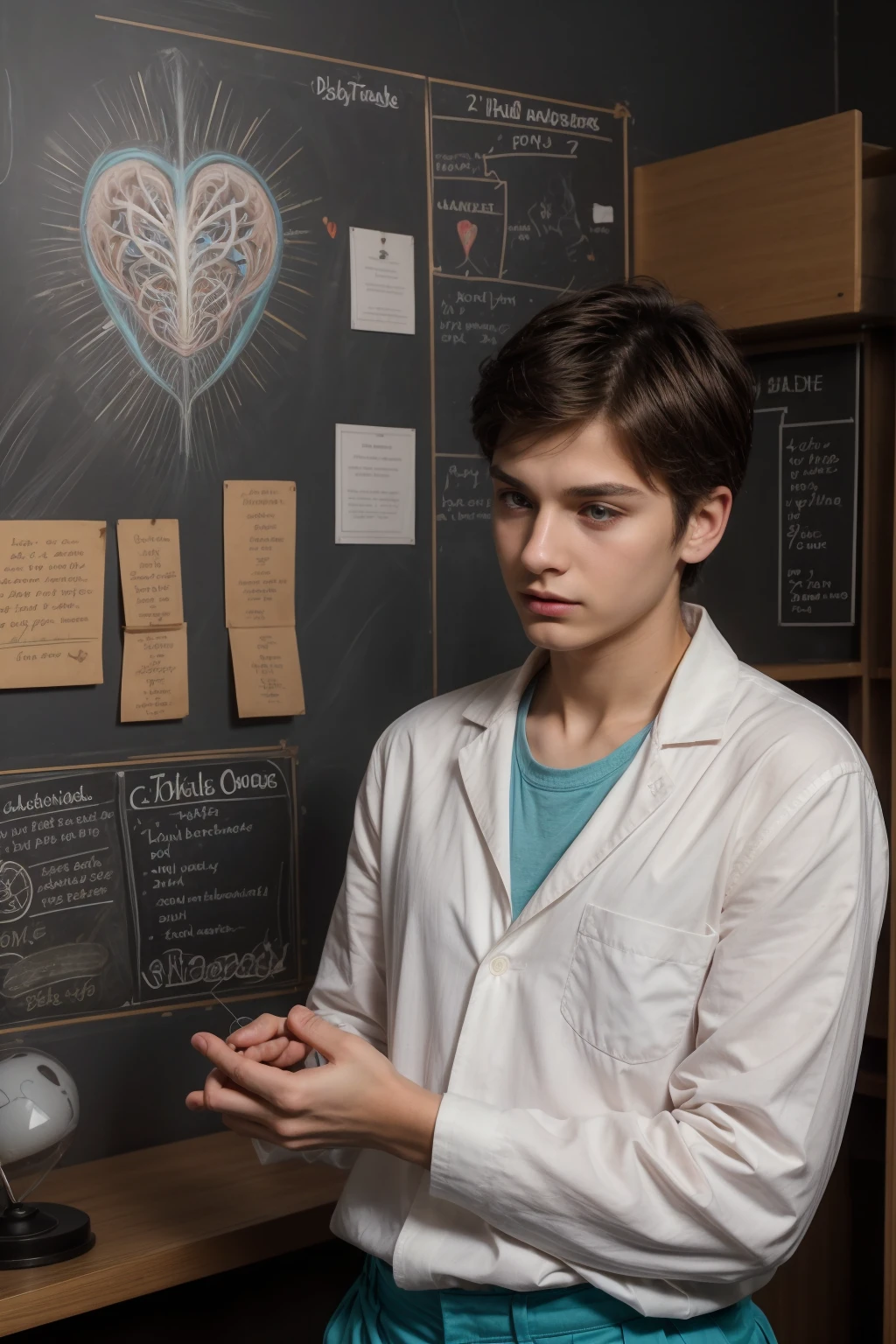A beautiful young male twink with a face with reddish makeup. He has black hair. He is wearing a long-sleeved, white shirt and aqua blue pants. He is in his scientific office, and behind him is a blackboard with the shape of the brain and its anatomy written on it, and next to him is the shape of the heart and its anatomy. He looks in amazement and shock.