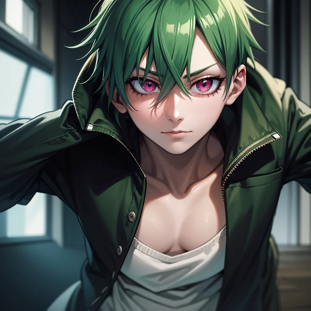 one man, green hair, pink eyes, high res, ultrasharp, masterpiece, jujutsu kaisen style