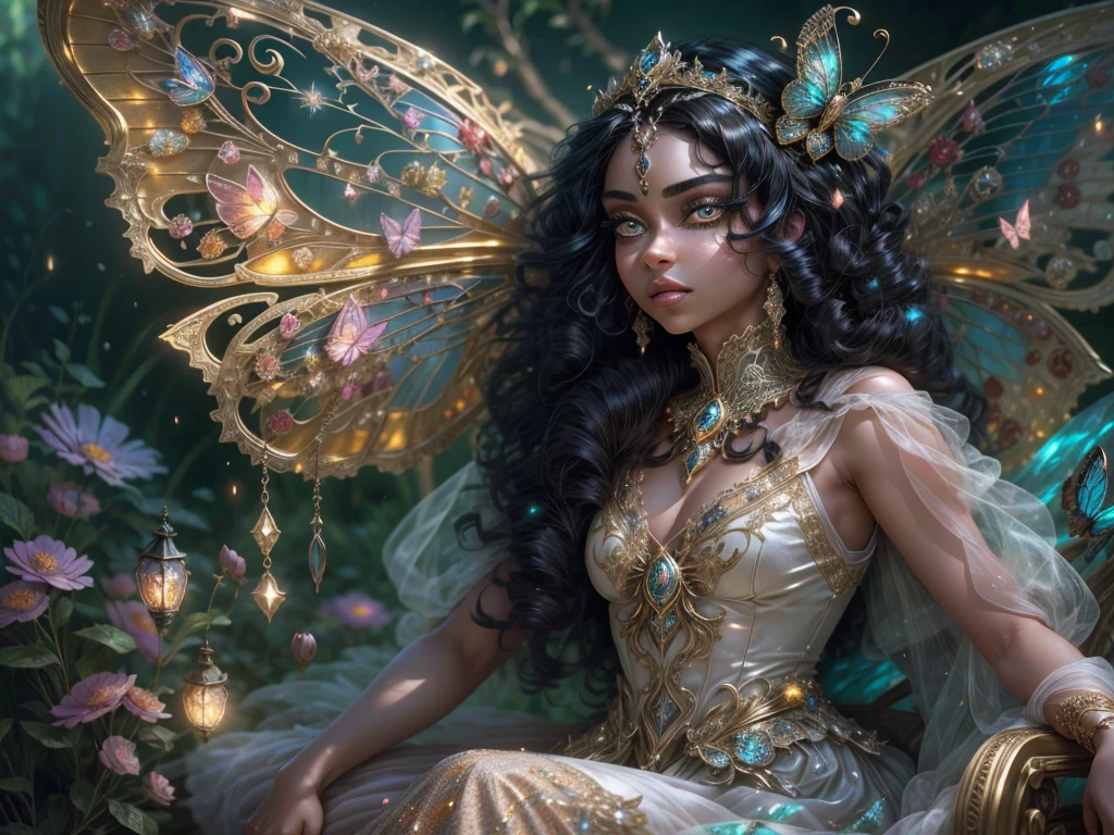 This is a realistic fantasy masterpiece with lots of shimmer, glitter, and intricate ornate detail. Generate one woman with a beautiful and delicate crown sitting on a garden swing at night. She is a beautiful and seductive butterfly queen with stunning curly black hair, (((incredibly ((realistic and detailed dynamic eyes)) in (((bright colors))) with realistic shading))). Her skin is translucent white, her eyes sparkle, and her dress is elegant. Her dress puffy is spun of the finest gossamer silk with delicate, intricate, and subtle floral detailing and gold silk butterfly sleeves. Her face is lovely and lonely. Include glow-in-the-dark flowers, lots of particles, highly realistic fantasy butteflies with translucent jewel-toned wings and fine detailing, and glow. The artwork is done in the style of Guviz and brings to mind masters in the genre such as trending fantasy works on Artstation and Midjourney. Camera: Utilize dynamic composition techniques to emphasize etherealness and delicate detail.