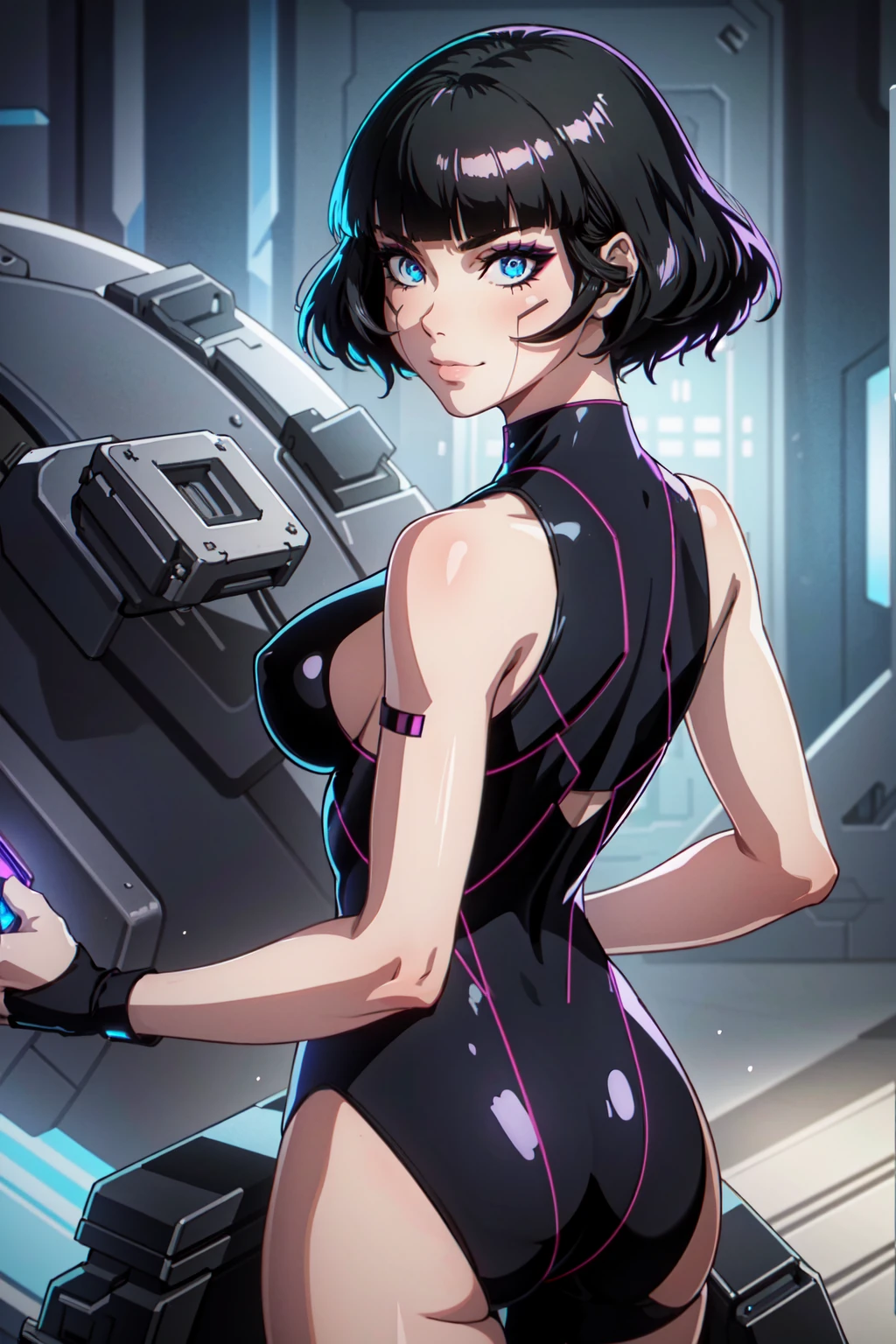 ((masterpiece, best quality))
EdgerunnersSasha, 1girl, black hair, short hair, blue eyes, cyberpunk, smile,   fantasy, intricate, elegant, highly detailed, digital painting, artstation, concept art, smooth, 8k, sharp focus, illustration, art by artgerm and greg rutkowski and alphonse mucha, dinamic poses, upper body, backwards, looking back