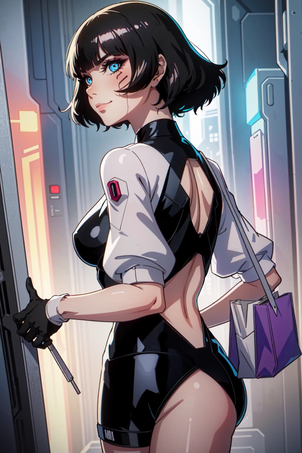((masterpiece, best quality))
EdgerunnersSasha, 1girl, black hair, short hair, blue eyes, cyberpunk, smile, fantasy, intricate, elegant, highly detailed, digital painting, artstation, concept art, smooth, 8k, sharp focus, illustration, art by artgerm and greg rutkowski and alphonse mucha, dinamic poses, upper body, backwards, looking back
