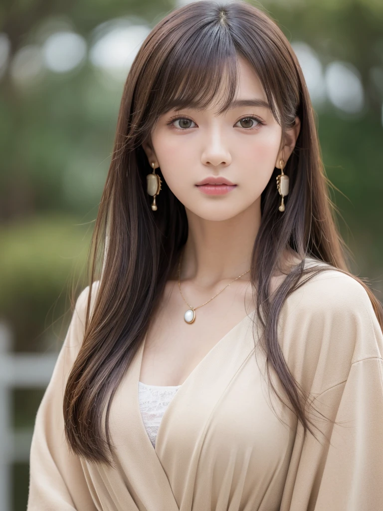 ((Highest quality, 8K, masterpiece:1.3)), concentrate: 1.2, Perfect body beauty: 1.4, Hips: 1.2, ((Long Hair, chest: 1.2)), (Dry clothes: 1.1) , (clear, Simple Background:1.3), Simple clothes: 1.1, Highly detailed face and skin texture,Delicate eyes, double eyelid, Whitened skin, Rough skin、Long Hair、Earrings with bangs、necklace、 solo、Beige coat、White shirt, (((Beautiful girl with cute Japan)))、 ((Beautiful Japanese girl 20 years old))、 ((Baby Face))、 (((Slender body)))、 Upper Body,Face focus、necklace,Simple Background,From above, Realistic Hair、 A photograph was taken:Canon EOS R6、135mm、1/1250 seconds、f2.8、ISO400、(Detailed explanation of the hand)、(Masseter muscle area)、(Exquisite CG)、Long Hair, loose and curly hair、Korean Hair、Long Hair明るいベージュ色、グラデーションハイライトグレージュのゆるふわLong Hairスタイル、