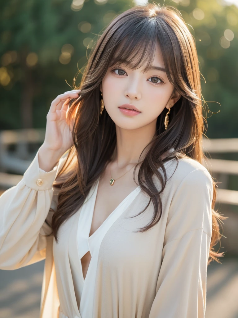  ((Highest quality, 8K, masterpiece:1.3)), concentrate: 1.2, Perfect body beauty: 1.4, Hips: 1.2, ((Long Hair, chest: 1.2)), (Dry clothes: 1.1) , (clear, Simple Background:1.3), Simple clothes: 1.1, Highly detailed face and skin texture,Delicate eyes, double eyelid, Whitened skin, Rough skin、Long Hair、Earrings with bangs、necklace、 solo、Beige coat、White shirt,  (((Beautiful girl with cute Japan)))、  ((Beautiful Japanese girl 20 years old))、 ((Baby Face))、 (((Slender body)))、  Upper Body，Face focus、necklace，Simple Background，From above， Realistic Hair、 A photograph was taken:Canon EOS R6、135mm、1/1250 seconds、f2.8、ISO400、(Detailed explanation of the hand)、(Masseter muscle area)、(Exquisite CG)、Long Hair, loose and curly hair、Korean Hair、Long Hair明るいベージュ色、グラデーションハイライトグレージュのゆるふわLong Hairスタイル、