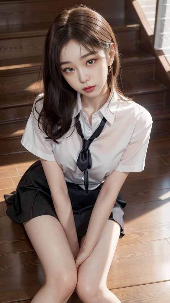 Korean 、summer  shirt、Tight shirt、Ribbon Ties、skirt by the、schools、stairs at school、chest lifting pose、Emphasis on the chest、Slender and large、8K raw photos、A high resolution、18-year-old Korean、embarrassing looking、very large round breasts、Beautiful eyes finely detailed、long eyelasher、beautiful double eyelid、eye shadows、eyeline、slender eyes、Elongated eye shape、Sanpaku eyes、beautiful and thin legs、Beautiful slender thighs、Random Shorthair、Tie your hair behind your head、耳Nipple Ring、Light brown hair、(Wear pantyhose)、Hold your knees，wears glasses