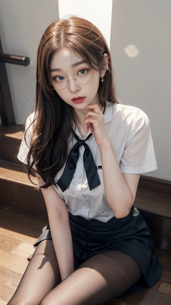 Korean 、summer  shirt、Tight shirt、Ribbon Ties、skirt by the、schools、stairs at school、chest lifting pose、Emphasis on the chest、Slender and large、8K raw photos、A high resolution、18-year-old Korean、embarrassing looking、very large round breasts、Beautiful eyes finely detailed、long eyelasher、beautiful double eyelid、eye shadows、eyeline、slender eyes、Elongated eye shape、Sanpaku eyes、beautiful and thin legs、Beautiful slender thighs、Random Shorthair、Tie your hair behind your head、耳Nipple Ring、Light brown hair、(Wear pantyhose)、Hold your knees，wears glasses