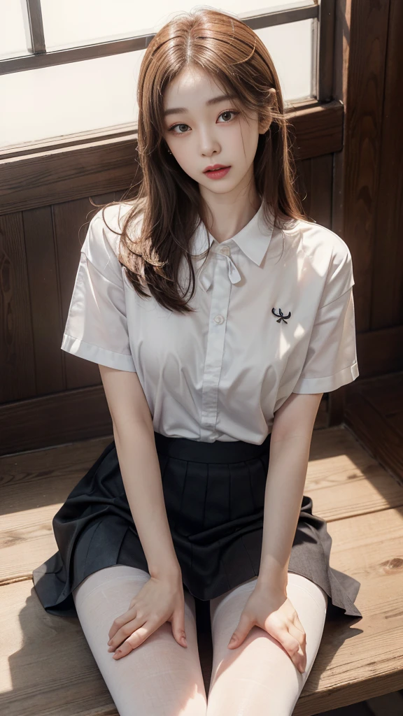 Korean 、summer shirt、Tight shirt、Ribbon Ties、skirt by the、schools、stairs at school、chest lifting pose、Emphasis on the chest、Slender and large、8K raw photos、A high resolution、18-year-old Korean、embarrassing looking、very large round breasts、Beautiful eyes finely detailed、long eyelasher、beautiful double eyelid、eye shadows、eyeline、slender eyes、Elongated eye shape、Sanpaku eyes、beautiful and thin legs、Beautiful slender thighs、Random Shorthair、Tie your hair behind your head、耳Nipple Ring、Light brown hair、(Wear pantyhose)、Hold your knees,wears glasses