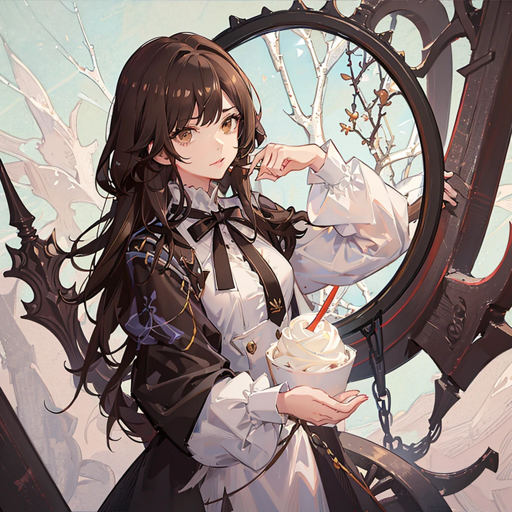 (masterpiece), perfect anatomy, intricate, (highly detailed), masterpiece, cinematic lighting, shading, super detailed skin, beautiful detailed eyes, best quality, ultra-detailed, (illustration), ultra-detailed, (upper body), white suit jacket, black blouse, white suit pangs, black flats, (brown eyes:1.3), (brown hair:1.3) (long hair), ringlet-shaped, voluminous, springy curls, 32 years old, france, french background, shadow, contrast, refraction, perspective, depth, good anatomy, stunning details, attractive Woman, small breasts, zoomed out perspective, short stature, Beautiful Lips, 1girl, solo, gorgeous body, serious expression, colored skin, brown skin