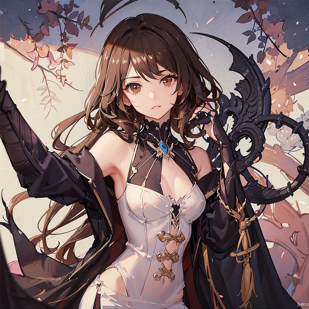 (masterpiece), perfect anatomy, intricate, (highly detailed), masterpiece, cinematic lighting, shading, super detailed skin, beautiful detailed eyes, best quality, ultra-detailed, (illustration), ultra-detailed, (upper body), white suit jacket, black blouse, white suit pangs, black flats, (brown eyes:1.3), (brown hair:1.3) (long hair), ringlet-shaped, voluminous, springy curls, 32 years old, france, french background, shadow, contrast, refraction, perspective, depth, good anatomy, stunning details, attractive Woman, small breasts, zoomed out perspective, short stature, Beautiful Lips, 1girl, solo, gorgeous body, serious expression, colored skin, brown skin