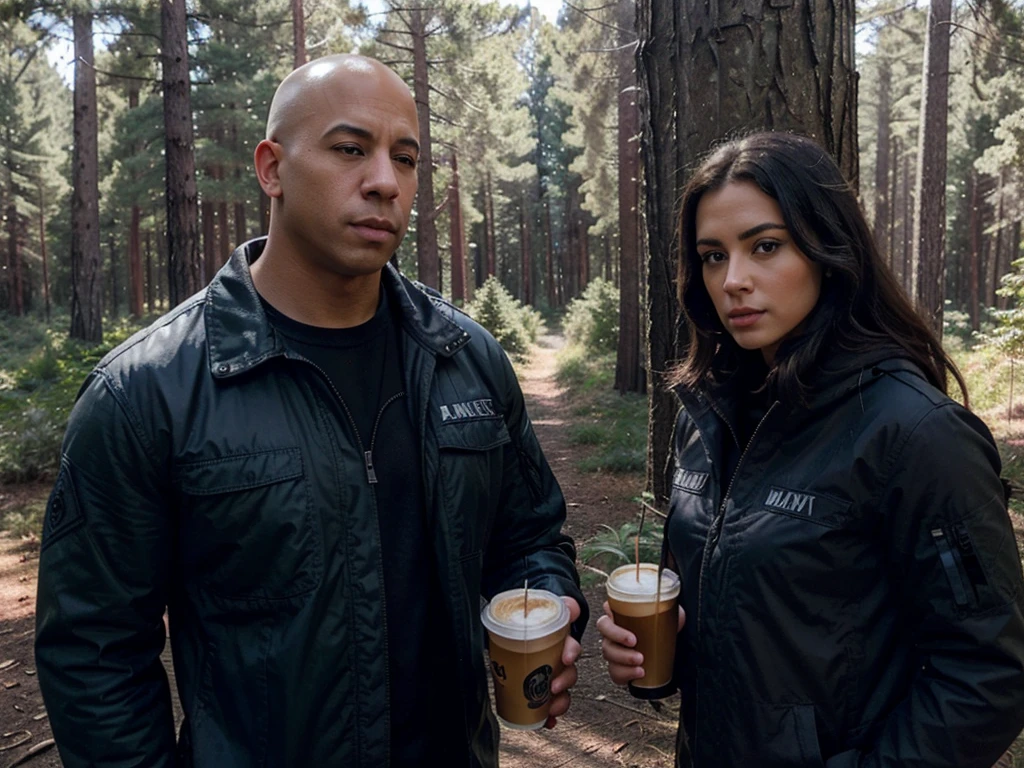 A strongly-built bald man resembling Vin Diesel dressed in navy blue military-style clothing at a military substation in a pine forest accompanied by a beautiful black-haired woman resembling Scarlet Johnson, dressed just like the bald man, realistic image the two drinking coffee outside the substation