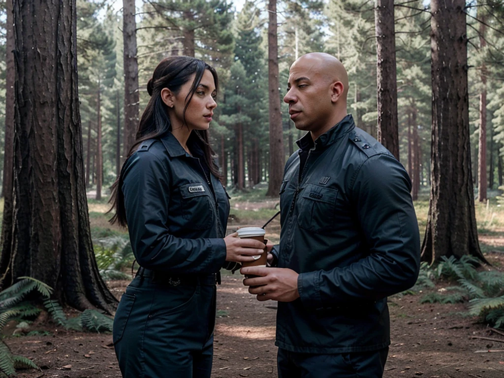 A strongly-built bald man resembling Vin Diesel dressed in navy blue military-style clothing at a military substation in a pine forest accompanied by a beautiful black-haired woman resembling Scarlet Johnson, dressed just like the bald man, realistic image the two drinking coffee outside the substation 