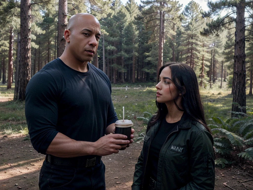 A strongly-built bald man resembling Vin Diesel dressed in navy blue military-style clothing at a military substation in a pine forest accompanied by a beautiful black-haired woman resembling Scarlet Johnson, dressed just like the bald man, realistic image the two drinking coffee outside the substation 