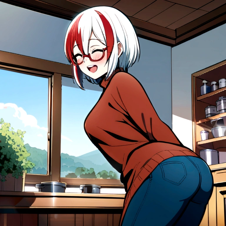 fuyumi todoroki, 1girl, solo, breasts, blush, smile, short hair, open mouth, bangs, long sleeves, medium breasts, standing, closed eyes, ponytail, white hair, :d, red hair, multicolored hair, glasses, teeth, pants, indoors, apron, two-tone hair, sweater, streaked hair, window, leaning forward, turtleneck, upper teeth only, arms behind back, blue shirt, denim, facing viewer, semi-rimless eyewear, lens flare (POV:someone watching her ass),ass,ass,ass,ass,