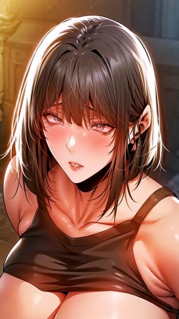 The face of a mature girl., short hair down to the ears, eyes black,fleshy lips,black lipstick, Breasts huge,
