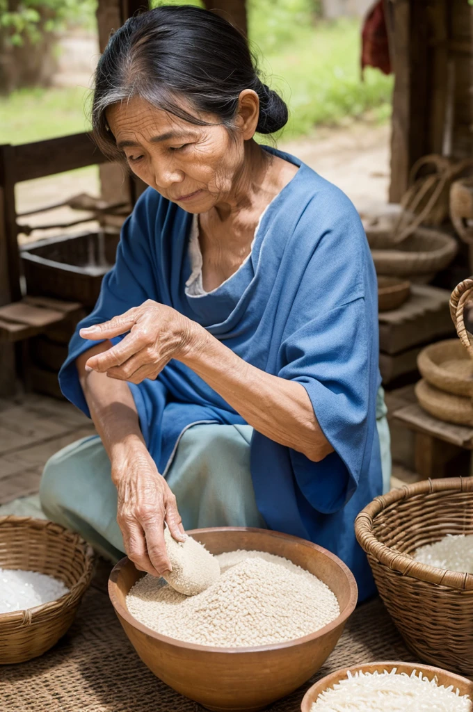 An old woman kneading rice bran paste with her hands