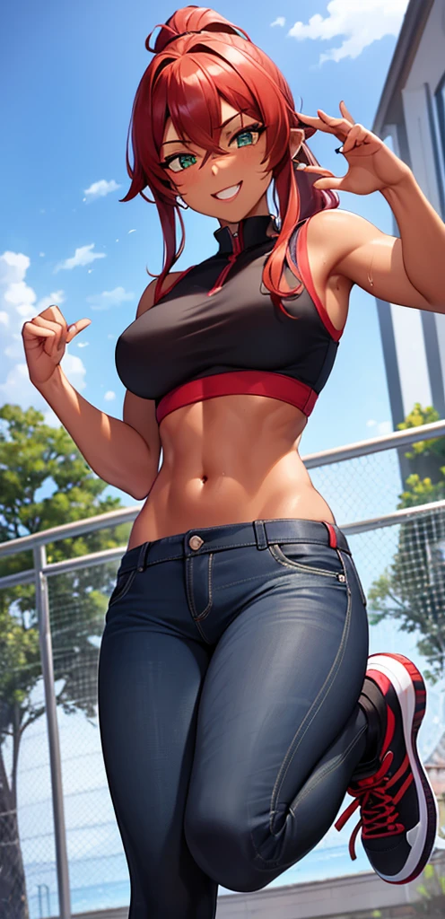 masterpiece:1.3、Ultra-high resolution:1.3、8K、Miss、Solitary:1.3、Detailed facial details,Correct human body,Detailed hands,Red Hair、Ponytail,Dark skin,Green eyes、dark skin,Ponytail、Short vest,Cropped jeans、sports shoes、outdoor、Light pointing、Really hydrated skin、stuffy、wet,Bright picture,lively expression,Dynamic poses,Fitness figure,freckle,脸上有freckle,Playground in school,A vibrant smile,Lively girl,full-body shot