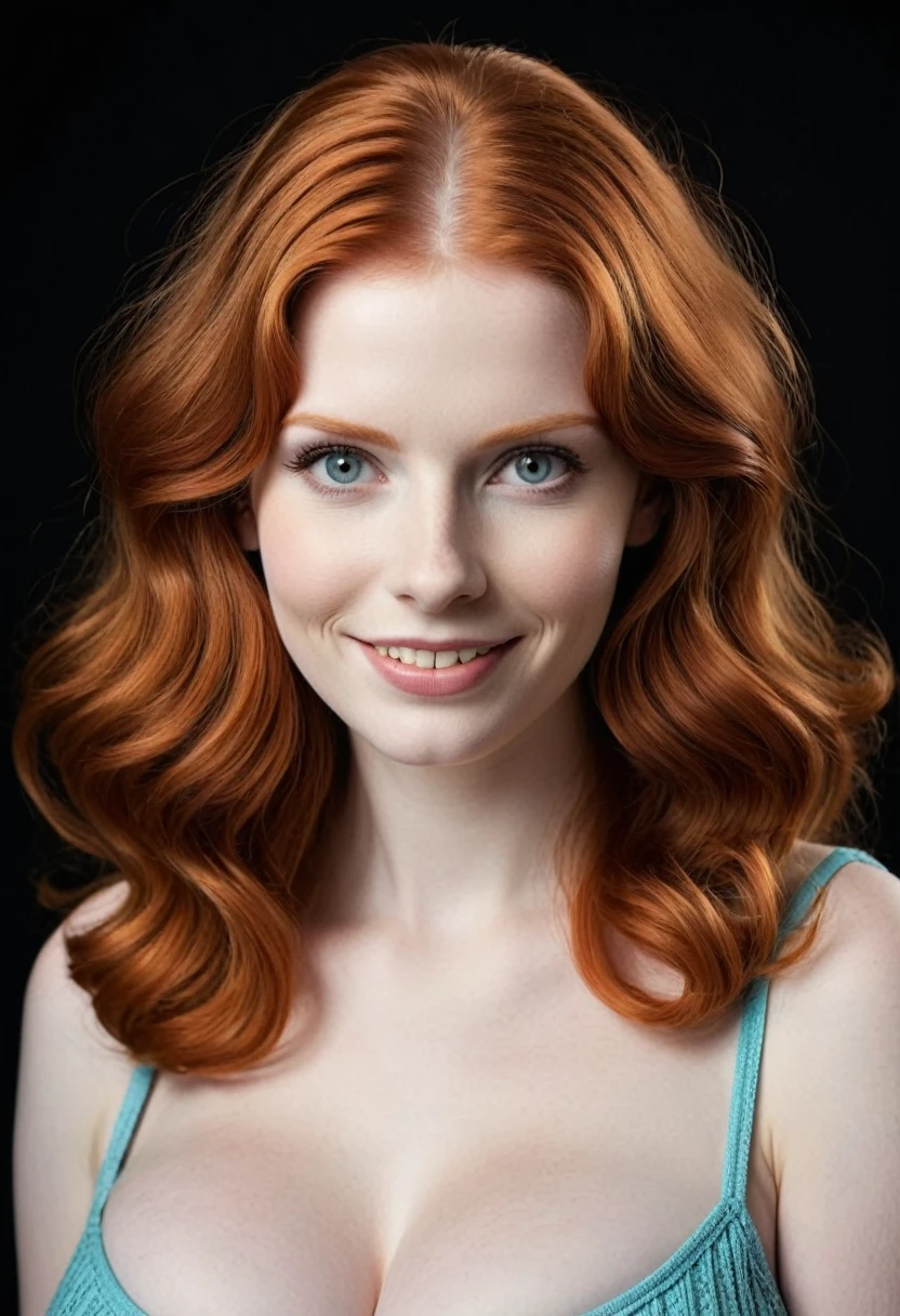 (highly detailed:1.3), (vivid_flowing_ginger_hair in a 1960s_hairstyle:1.3), (perky_gigantic_breasts:1.4), (very_pale_realistic_glossy_skin_with_imperfections:1.1), (18 yo girl) with a strikingly beautiful_youthful_face looking intensely at viewer, photorealistic, dark studio with a (black_background),smile with (flawless_white_teeth:1.4),(thin waist and big boobs:1.2), intricate details, 35mm photograph, fujifilm, RAW, 16k