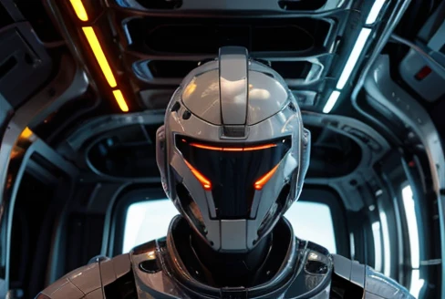 The robot uses laser fire at the viewer, A robot has the palm of its hand showing the viewer, setting frozen planet blizzar,In the image we have 2 Astronauts in space uniform piloting a spacecraft, view inside the spacecraft. A humanoid robot is nearby helping.