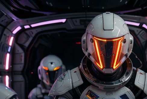 The robot uses laser fire at the viewer, A robot has the palm of its hand showing the viewer, setting frozen planet blizzar,In the image we have 2 Astronauts in space uniform piloting a spacecraft, view inside the spacecraft. A humanoid robot is nearby helping.