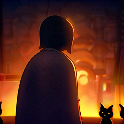 Temple at night、A Zashiki Warashi girl wearing an old kimono、Standing with your back turned、Black cats snuggling together、I can't see your face、
