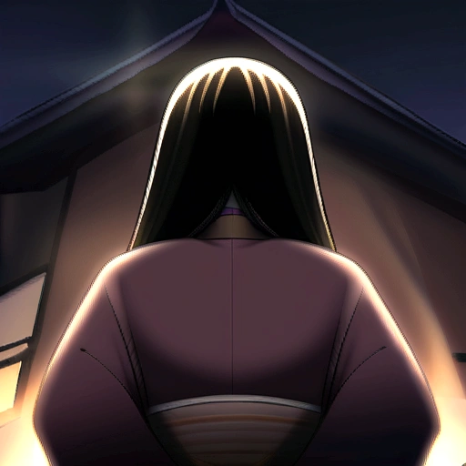 Temple at night、A Zashiki Warashi girl wearing an old kimono、Standing with your back turned、Black cats snuggling together、I can't see your face、