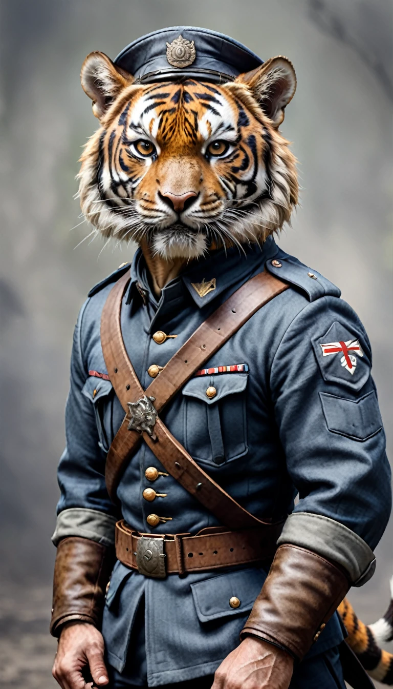 Professional photo of a cute tiger in human form wearing combat uniform from World War I, His face was filled with anger, He's in the trenches, Surrounded by soldiers, dust, smokes, FOG, explode. Photorealism, Photorealismistic, high quality