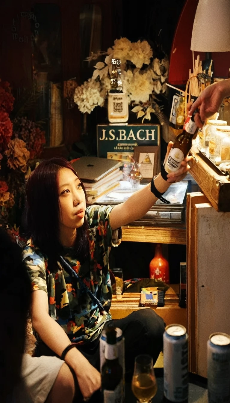 Pink Hair,Asian Girls,Holding glass bottle of beer