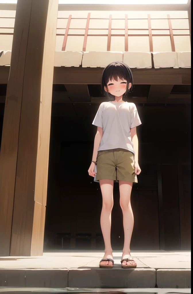 Inside the temple,smile,Are standing,Put your hands behind your back,close your eyes,1 ,short hair,Black Hair,blush,White T-shirt,Olive green shorts,Brown Sandals,White skin,summer,From below,Open your hands,shy,Sweat,Open your mouth,Wet,