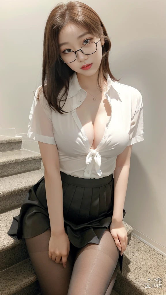 Korean 、summer shirt、Tight shirt、Ribbon Ties、skirt by the、schools、stairs at school、chest lifting pose、Emphasis on the chest、Slender and large、8K raw photos、A high resolution、18-year-old Korean、embarrassing looking、very large round breasts、Beautiful eyes finely detailed、long eyelasher、beautiful double eyelid、eye shadows、eyeline、slender eyes、Elongated eye shape、Sanpaku eyes、beautiful and thin legs、Beautiful slender thighs、Random Shorthair、Tie your hair behind your head、耳Nipple Ring、Light brown hair、(Wear pantyhose)、Hold your knees,wears glasses